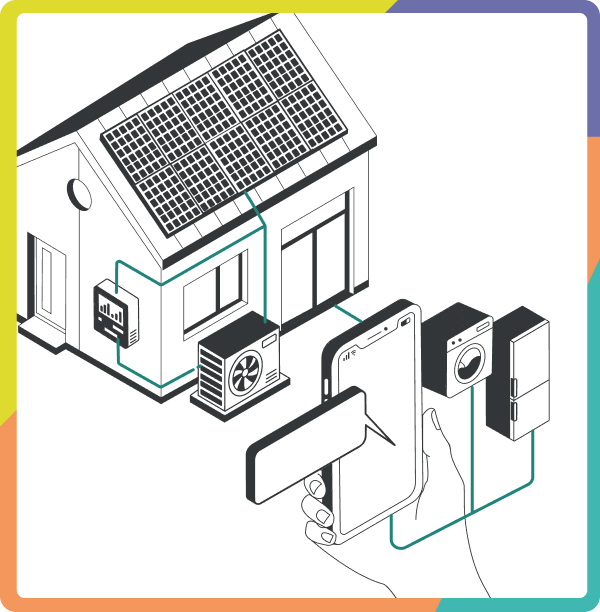 Illustration of a smart home with solar panels, a heat pump, connected appliances and a mobile app showing real-time energy consumption