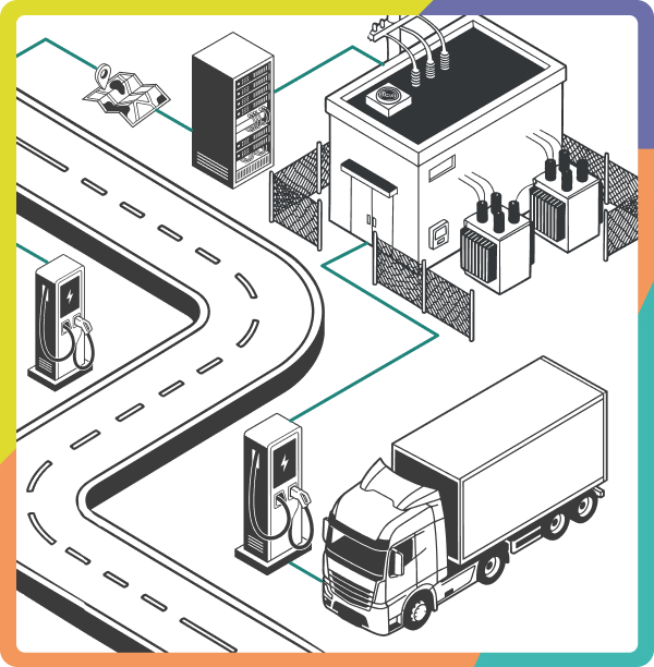 Illustration of a highway with EV charging stations for a heavy-duty truck, connected to a substation and route planning data