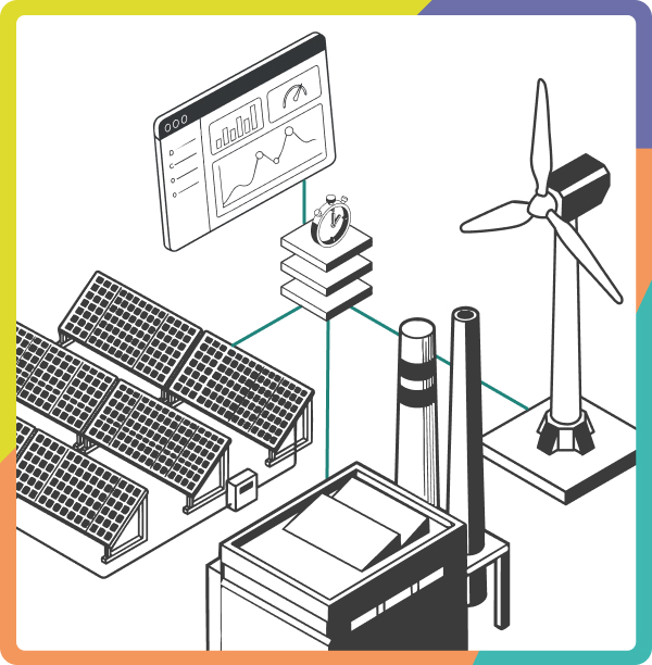 Illustration of a wind turbine and solar panels connected to a dashboard showing generation and demand data