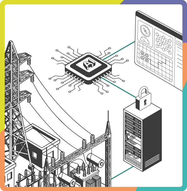 Illustration of an AI chip connected to a power grid pylon, a monitoring dashboard and a secure server