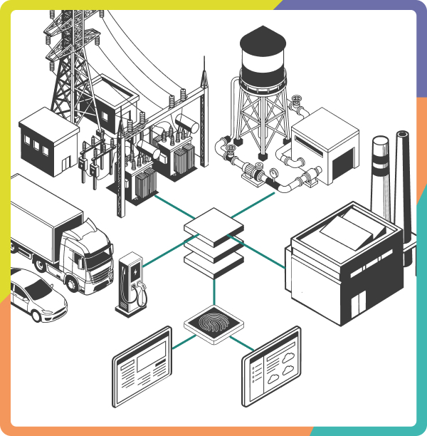 Illustration of energy, water, industry and mobility infrastructure connected to data and identity icons, representing cross-domain data integration